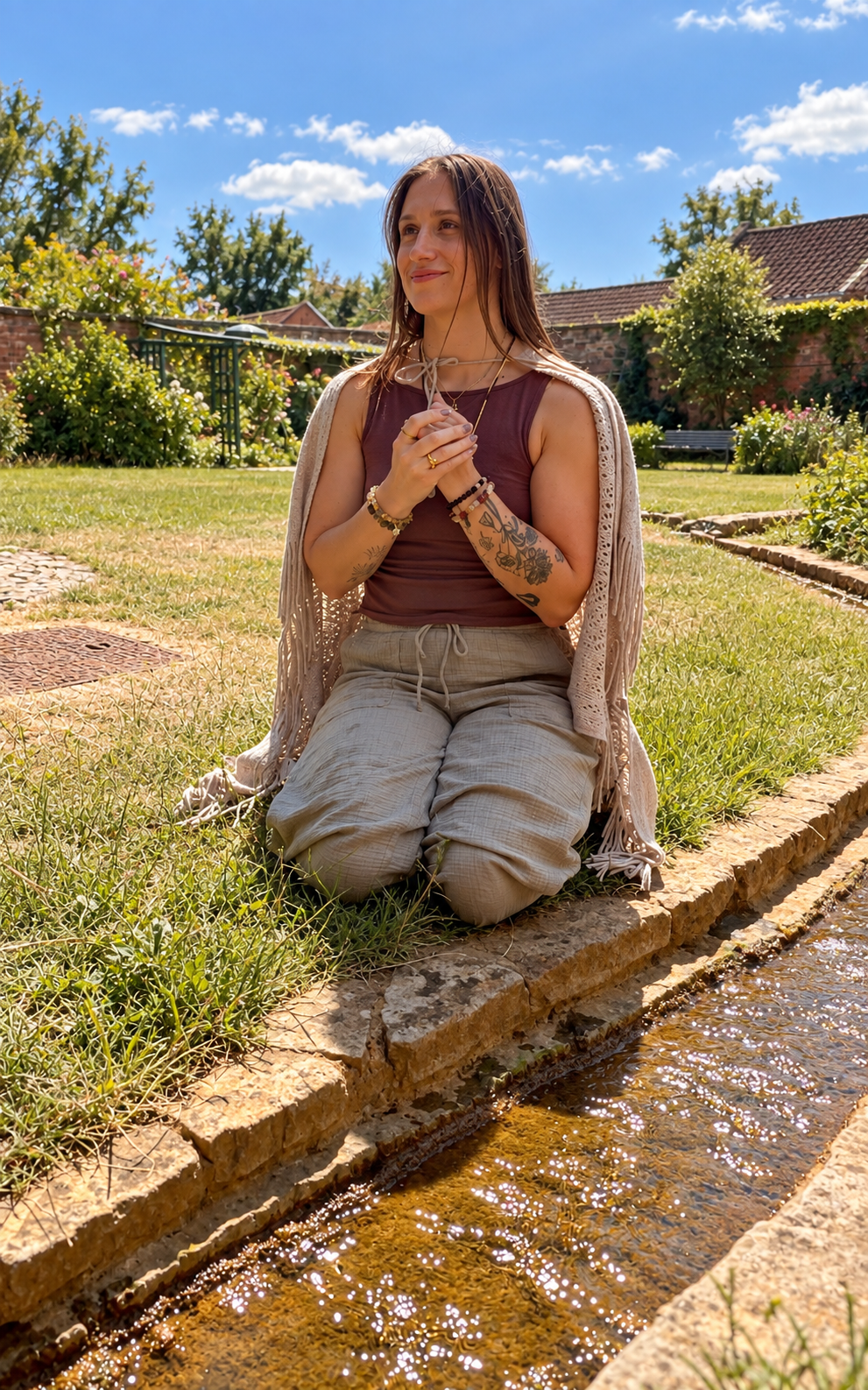 Kayla kneeling by a garden stream with her hands in prayer at her heart